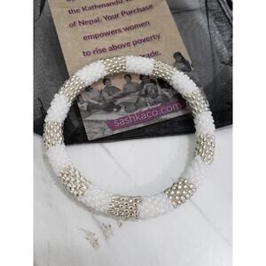 NEW Sashka Co. Roll On Glass Beaded Bracelet White Silver Nepal